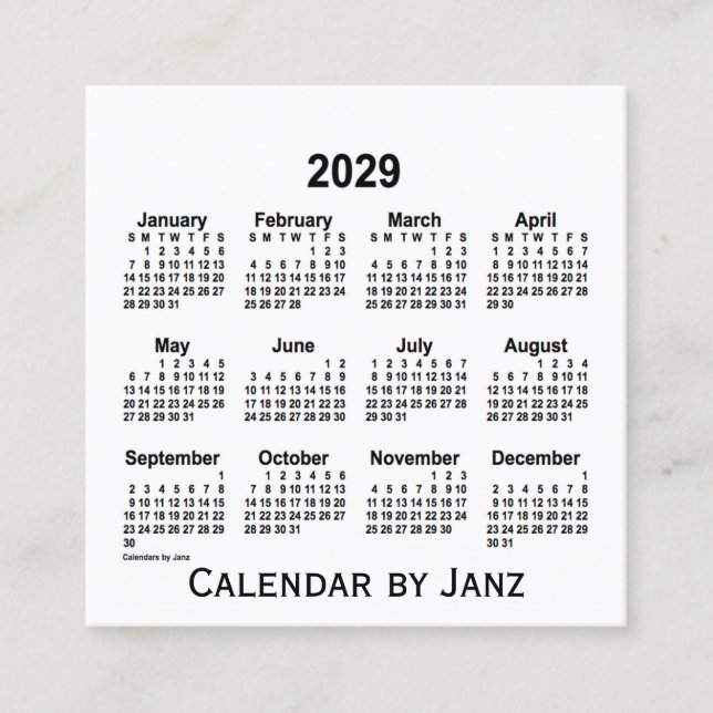 White Calendar by Janz Square Business Card 2029 Quadratische Visitenkarte (Vorderseite)