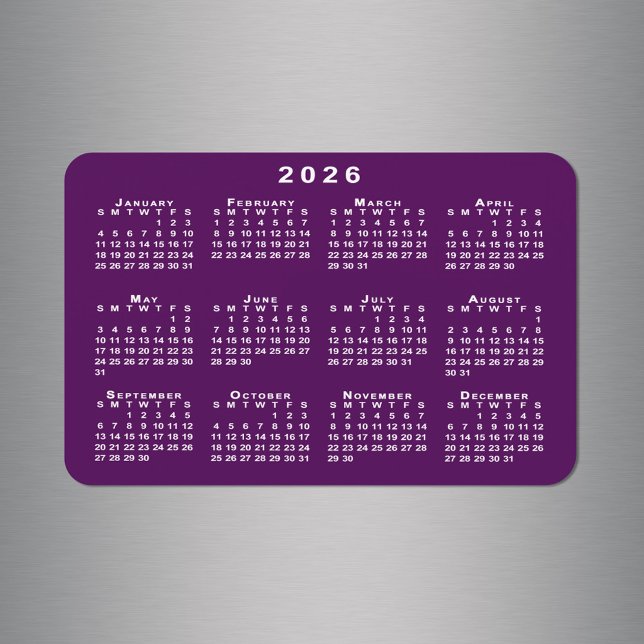 White Calendar on Lila Background Template Magnet (White 2026 Calendar on Purple Background Template Magnet in situ)