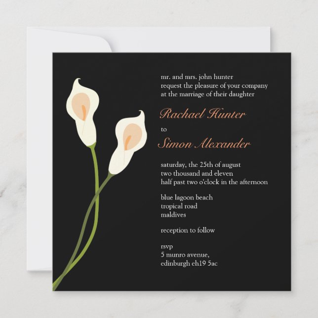 White Calla Lilies Hochzeit - Schwarz Einladung (Vorderseite)
