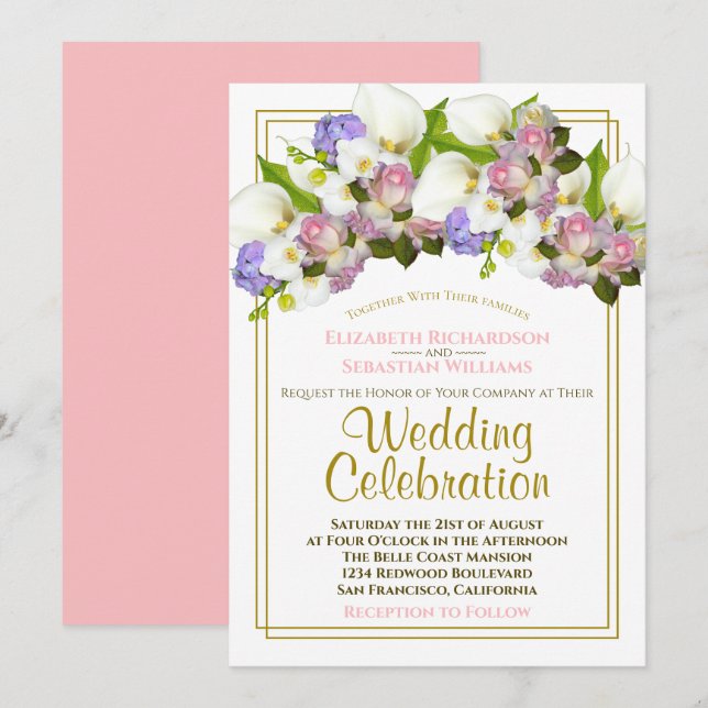 White Calla Lilies & Pink Rosenknospe Spring Weddi Einladung (Vorne/Hinten)