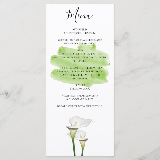 White Calla Lilies Watercolor Wedding Menükarte (Vorderseite)