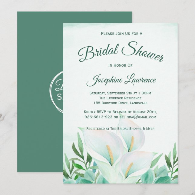 White Calla Lily Floral Bridal Dusche Einladungen (Vorne/Hinten)