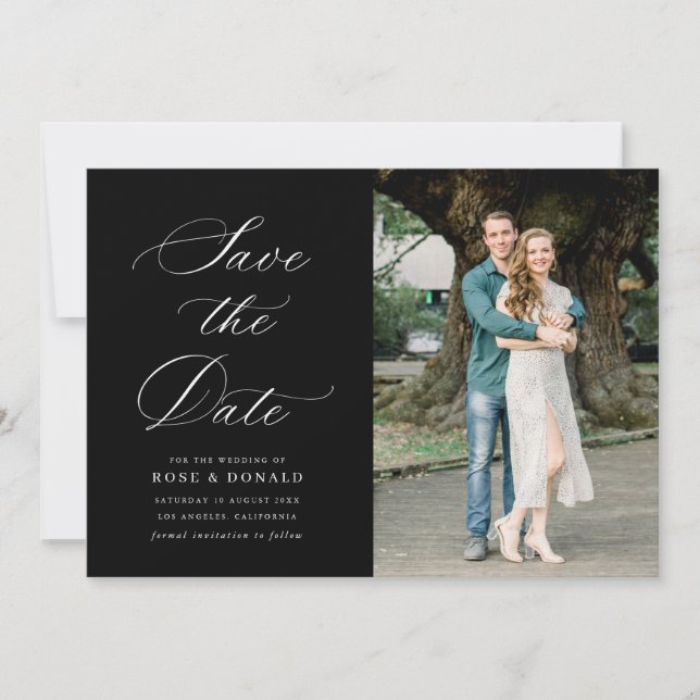 White calligraphy black wedding save the date card einladung (Vorderseite)