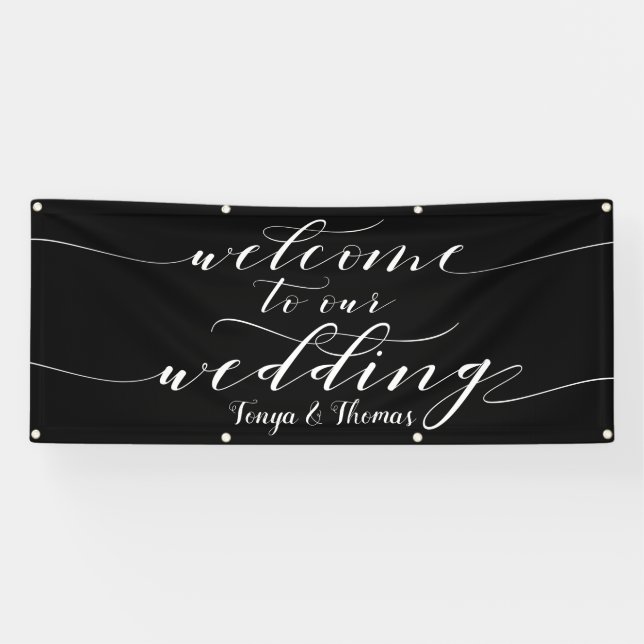 White Calligraphy Black Willkommen bei unserer Hoc Banner (Horizontal)
