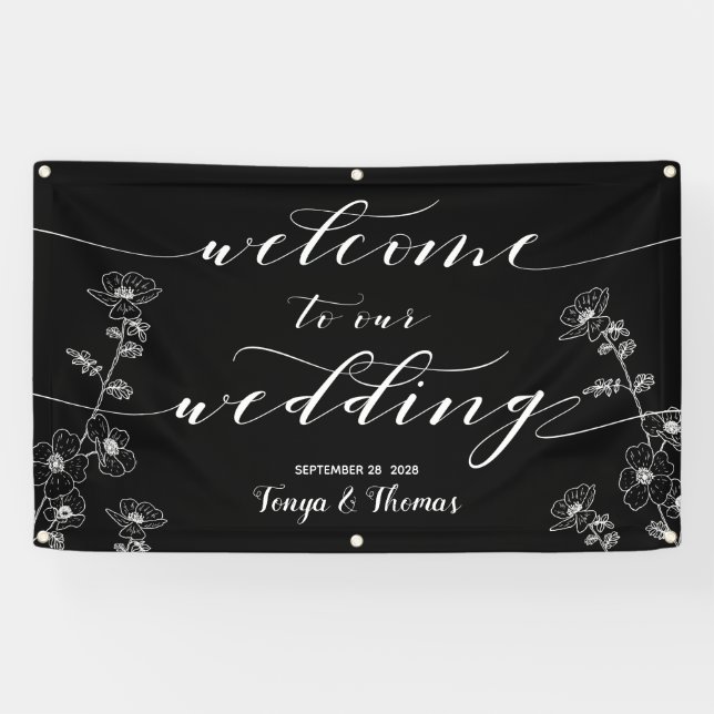 White Calligraphy Floral Black Begrüßung Banner (Horizontal)