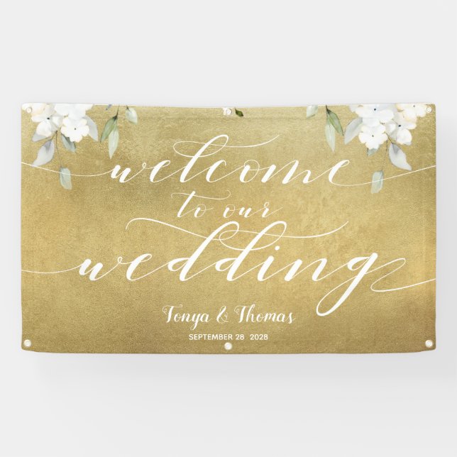 White Calligraphy Gold Floral Begrüßung Banner (Horizontal)