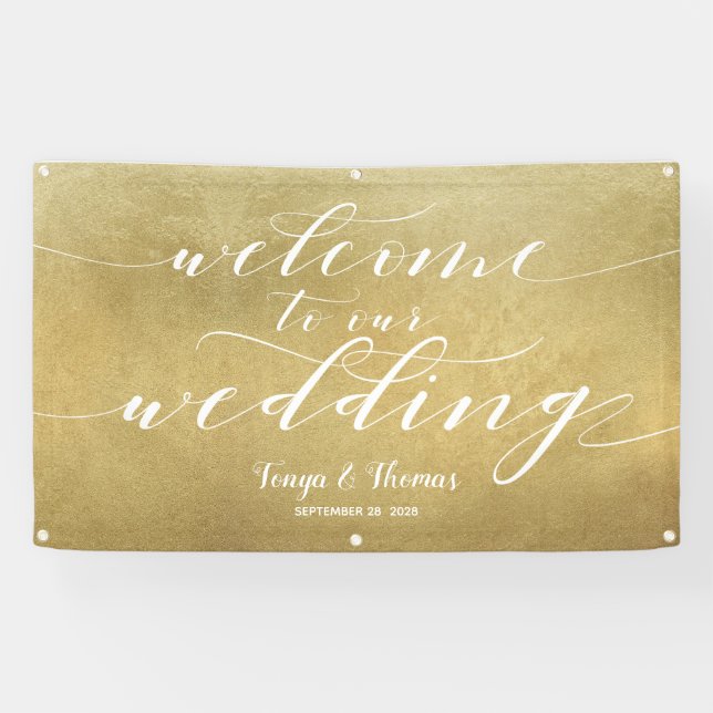 White Calligraphy Gold Satin Begrüßung Banner (Horizontal)