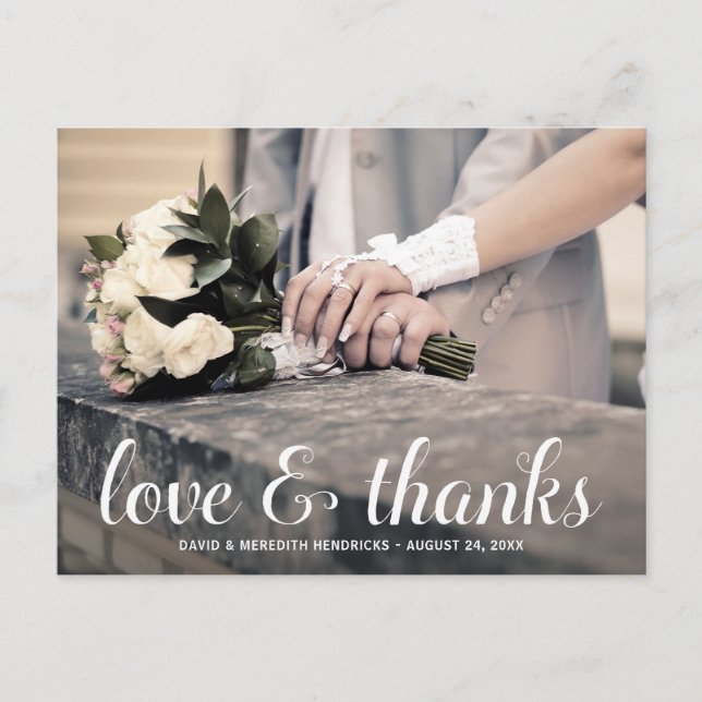 White Calligraphy Overlay Wedding Danke Postkarte (Vorderseite)