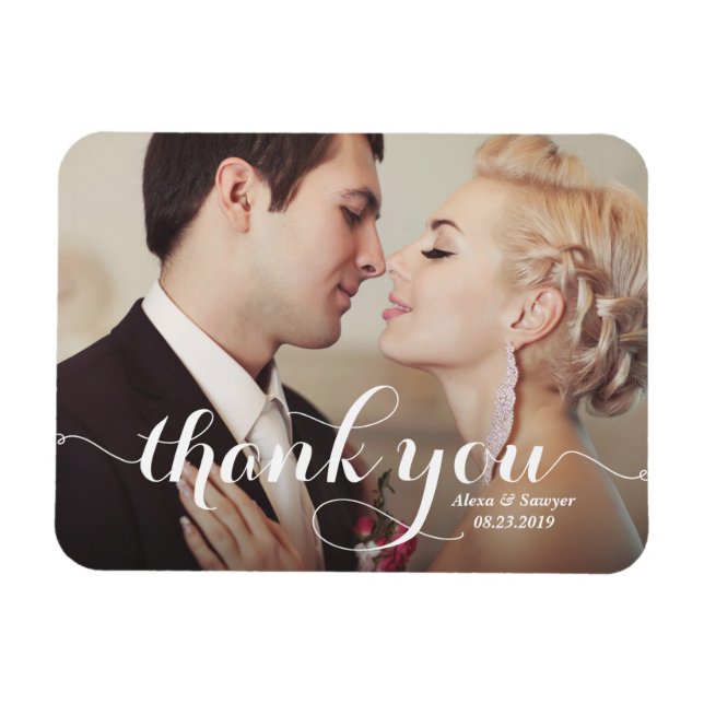 White Calligraphy Script Wedding Danke Foto Magnet (Horizontal)