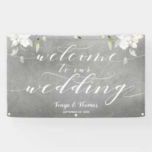 White Calligraphy Silver Floral Begrüßung Banner