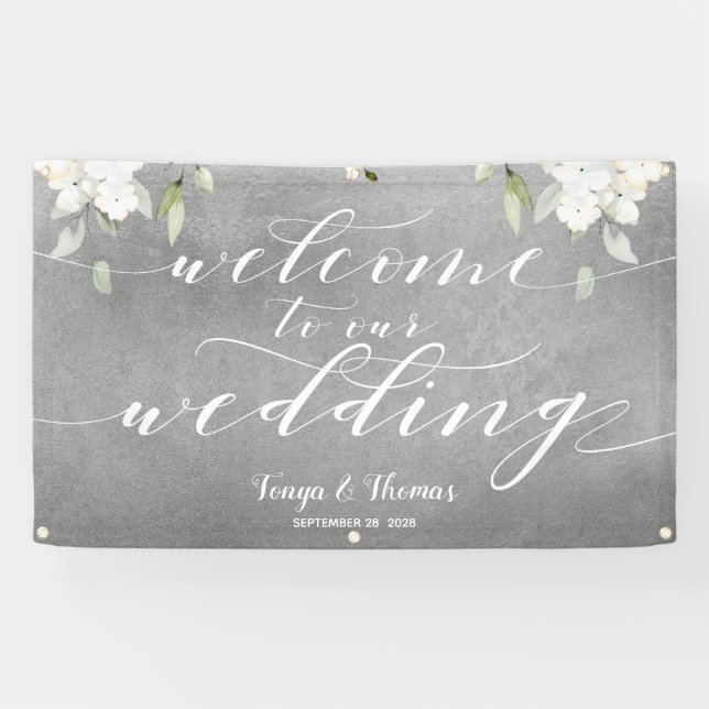 White Calligraphy Silver Floral Begrüßung Banner (Horizontal)