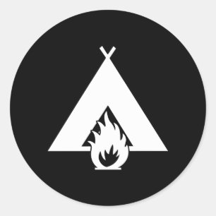 White Campfire und Zelt Symbol für dunklen Hinter Runder Aufkleber
