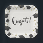 White Cap & Confetti Graduation Congrats Pappteller<br><div class="desc">🎓Celebrate your graduate’s big moment with these stylish White Cap & Confetti Graduation Congrats Paper Plates. Designed with a clean white background and accented by a festive border of black graduation caps and shimmering gold streamers, these plates bring a bright, modern touch to any commencement celebration. The elegant “Graduation” script...</div>