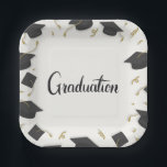 White Cap & Confetti Graduation Pappteller<br><div class="desc">🎓Celebrate your graduate’s big moment with these stylish White Cap & Confetti Graduation Paper Plates. Designed with a clean white background and accented by a festive border of black graduation caps and shimmering gold streamers, these plates bring a bright, modern touch to any commencement celebration. The elegant “Graduation” script at...</div>