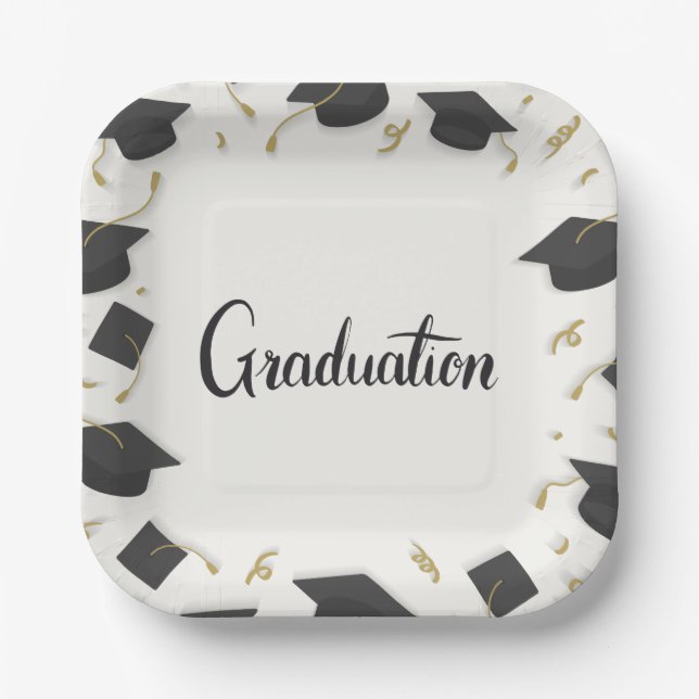 White Cap & Confetti Graduation Pappteller (Vorderseite)