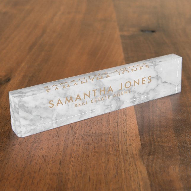 White Carrara Marble Gold Classic Personalisiert Namensplakette (Seite)