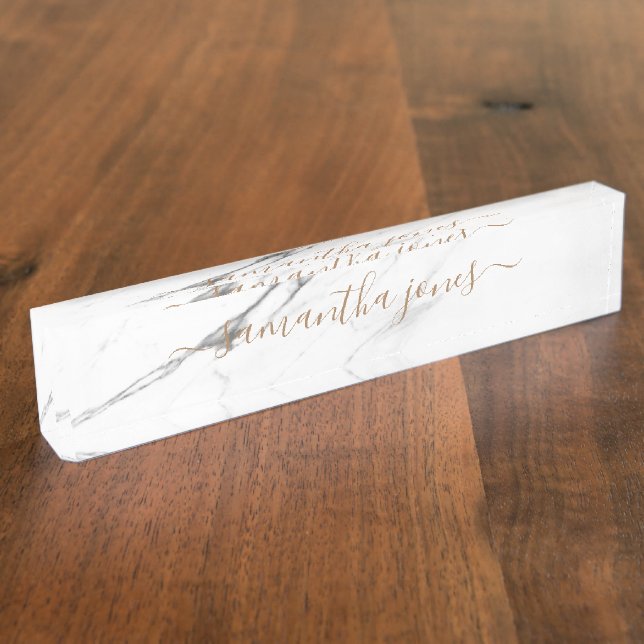 White Carrara Marble Gold Classic Personalisiert Namensplakette (Seite)