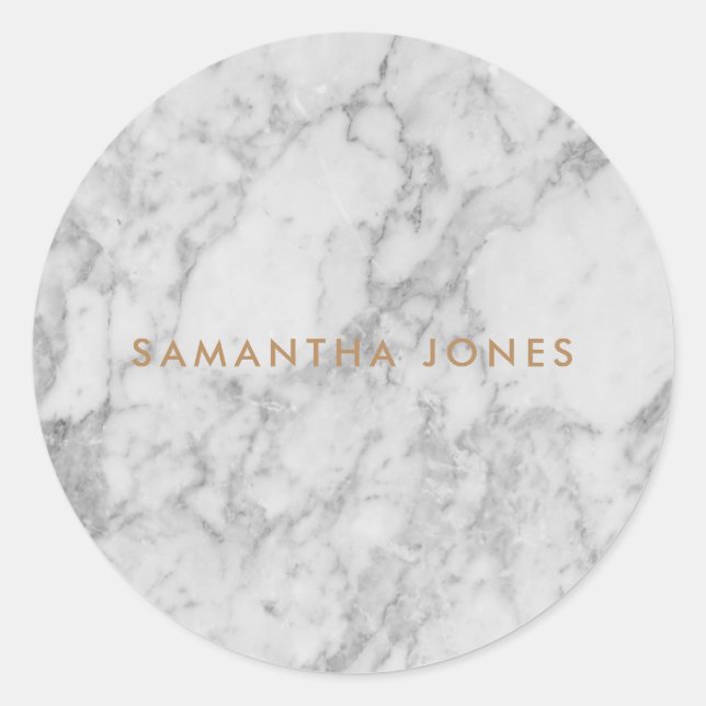 White Carrara Marble Gold Classic Personalisiert Runder Aufkleber (Vorderseite)