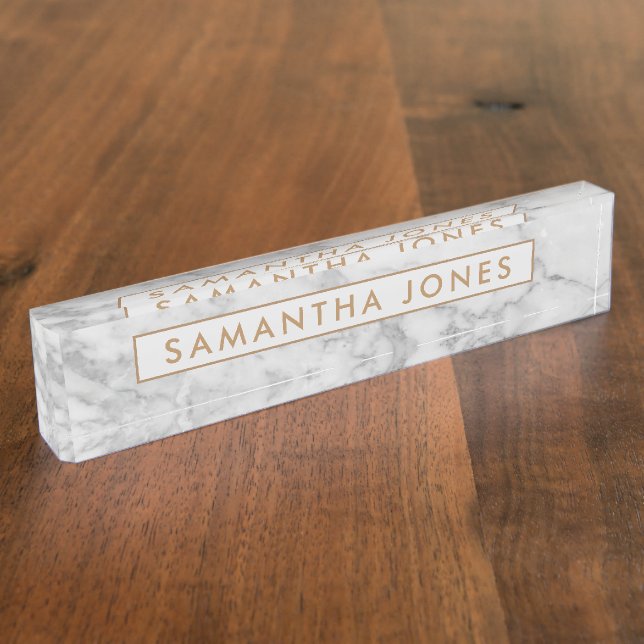 White Carrara Marble Gold Klassischer Personalisie Namensplakette (Seite)
