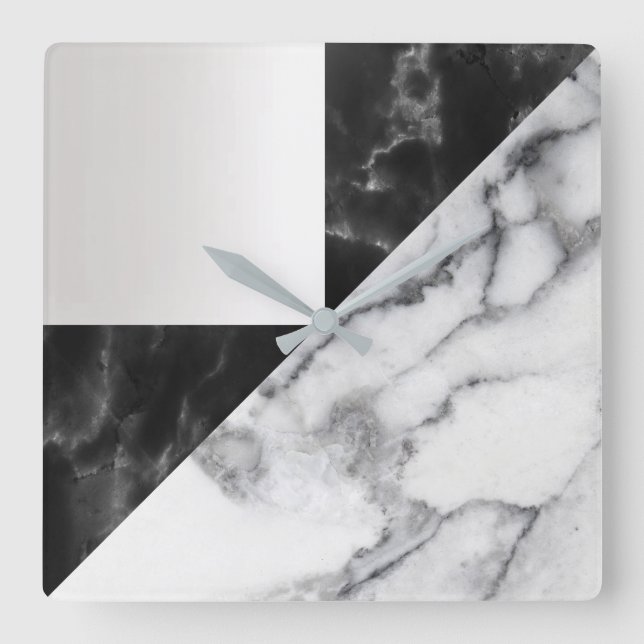 White Carrara Marble Gray Geometry Black Luxury Quadratische Wanduhr (Vorderseite)