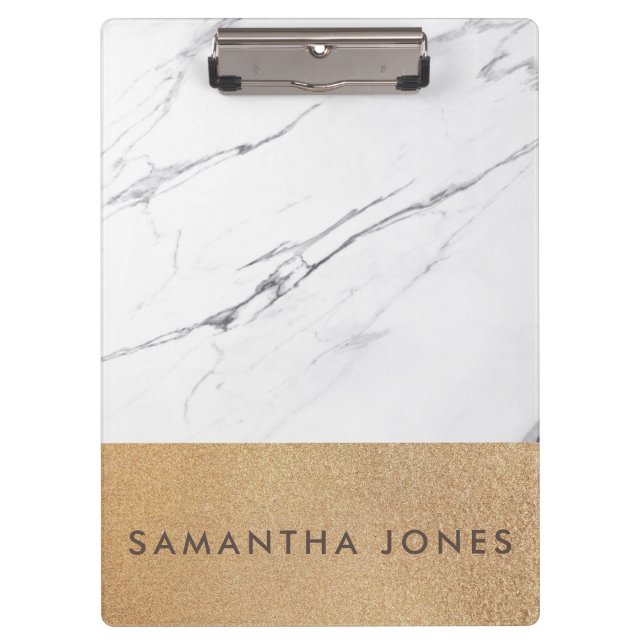 White Carrara Marmor Glitzer Gold Classic Moderne Klemmbrett (Vorderseite)