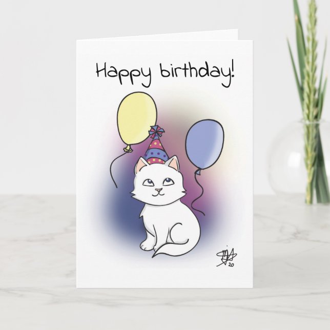 White Cartoon Cat mit Balloons Happy Birthday Karte (Vorderseite)