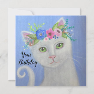 White Cat I Blume Crown Whimsical Art