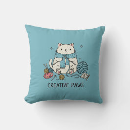 White Cat Knitting Cute Hobby Home Decor Blue Kissen