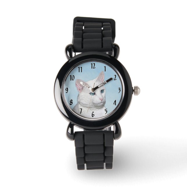 White Cat Malerei - Niedliche Original Cat Art Armbanduhr (Vorderseite)