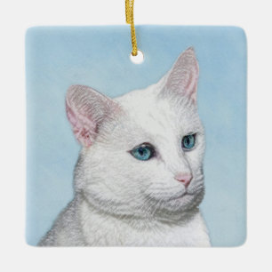 White Cat Malerei - Niedliche Original Cat Art Keramikornament