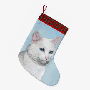 White Cat Malerei - Niedliche Original Cat Art Kleiner Weihnachtsstrumpf