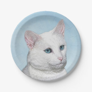 White Cat Malerei - Niedliche Original Cat Art Pappteller