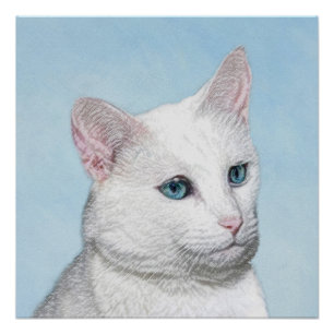 White Cat Malerei - Niedliche Original Cat Art Poster