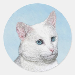 White Cat Malerei - Niedliche Original Cat Art Runder Aufkleber