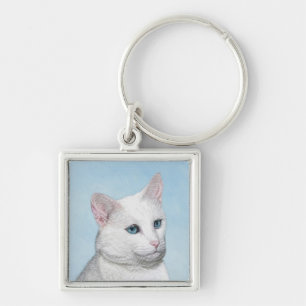 White Cat Malerei - Niedliche Original Cat Art Schlüsselanhänger