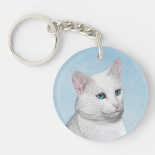 White Cat Malerei - Niedliche Original Cat Art Schlüsselanhänger