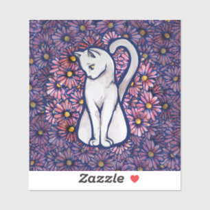 White Cat Mauve Daisies Aufkleber