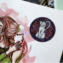 White Cat Mauve Daisies Runder Aufkleber