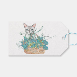 White Cat mit Blue Blume Basket Ostergeschenk Tag Geschenkanhänger