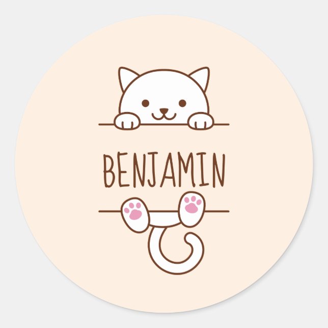 White Cat Peeking hinter Individuelle Name Runder Aufkleber (Vorderseite)