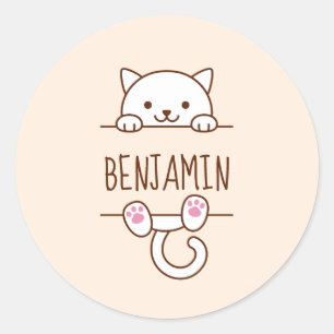 White Cat Peeking hinter Individuelle Name Runder Aufkleber