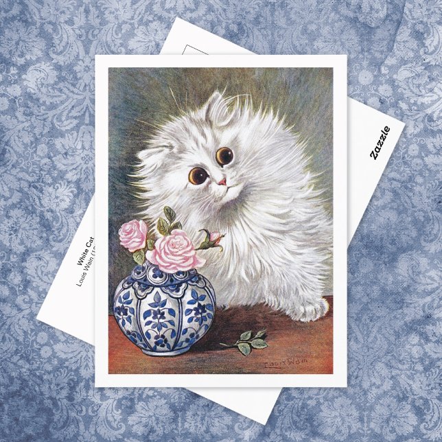 White Cat Pink Roses Louis Wain Postkarte (Von Creator hochgeladen)