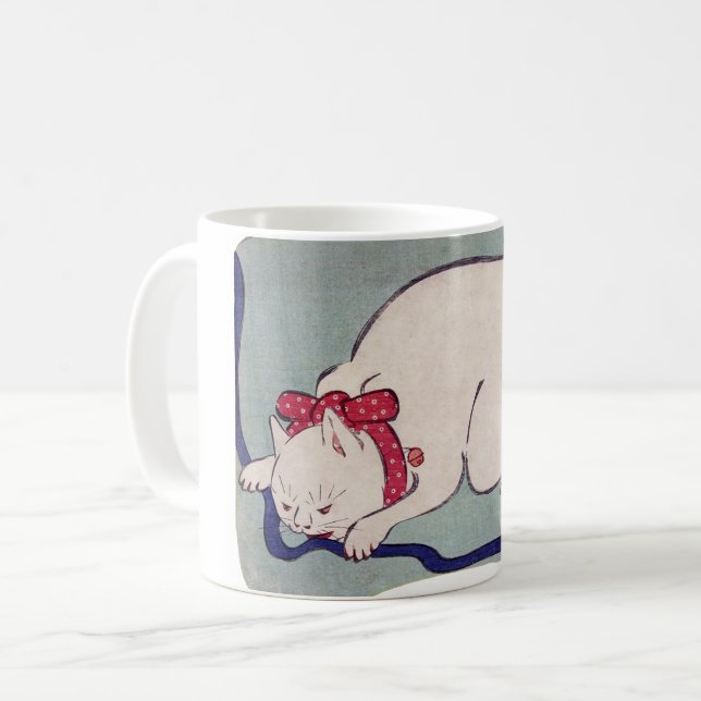 White Cat Playing with a String, Hiroshige Kaffeetasse (Vorderseite Links)