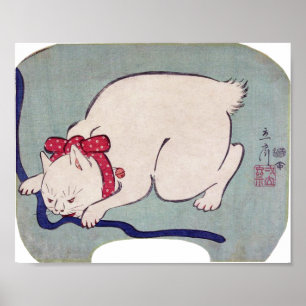 White Cat Playing with a String, Hiroshige Poster