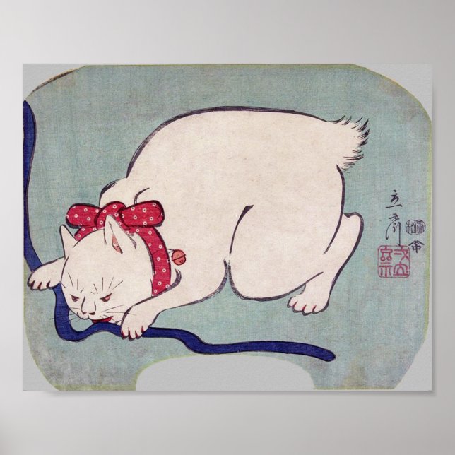 White Cat Playing with a String, Hiroshige Poster (Vorne)
