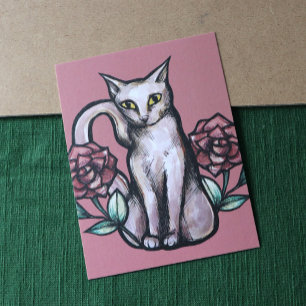 White Cat Vintage Rose Rose Weißes Kätzchen Kunst Postkarte