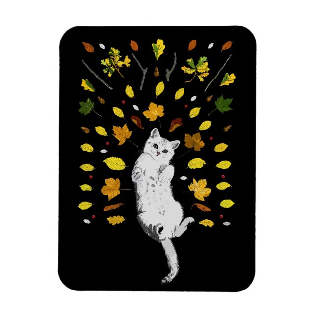 White cat with fall leaves illustration magnet (Vertikal)