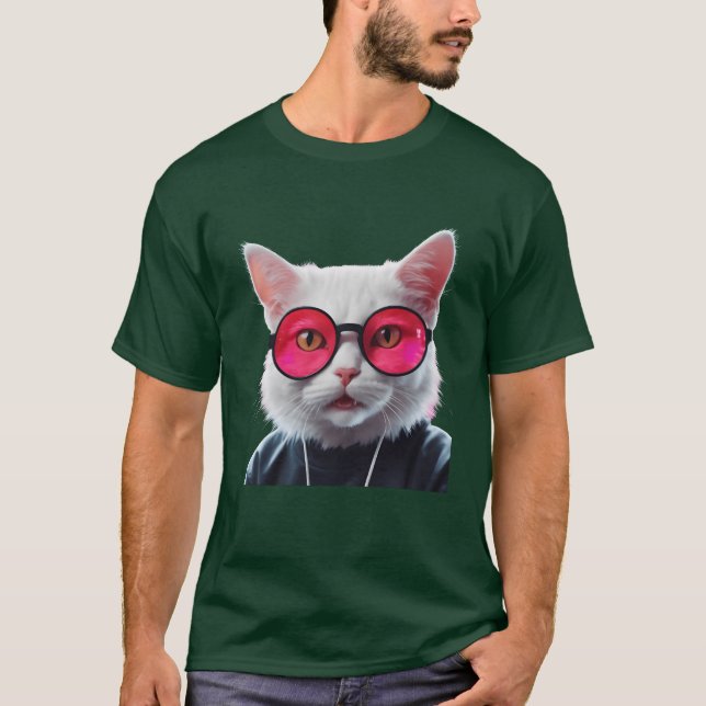 White Cat with Pink Glasses Cool T-Shirt (Vorderseite)