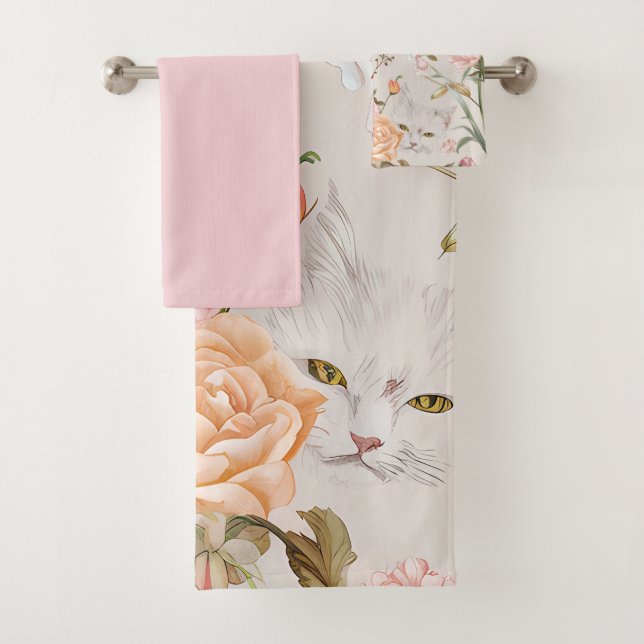White Cats Pink Roses Floral  Badhandtuch Set (Insitu)