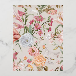 White Cats Pink Roses Floral Holiday Card Folien Feiertagspostkarte